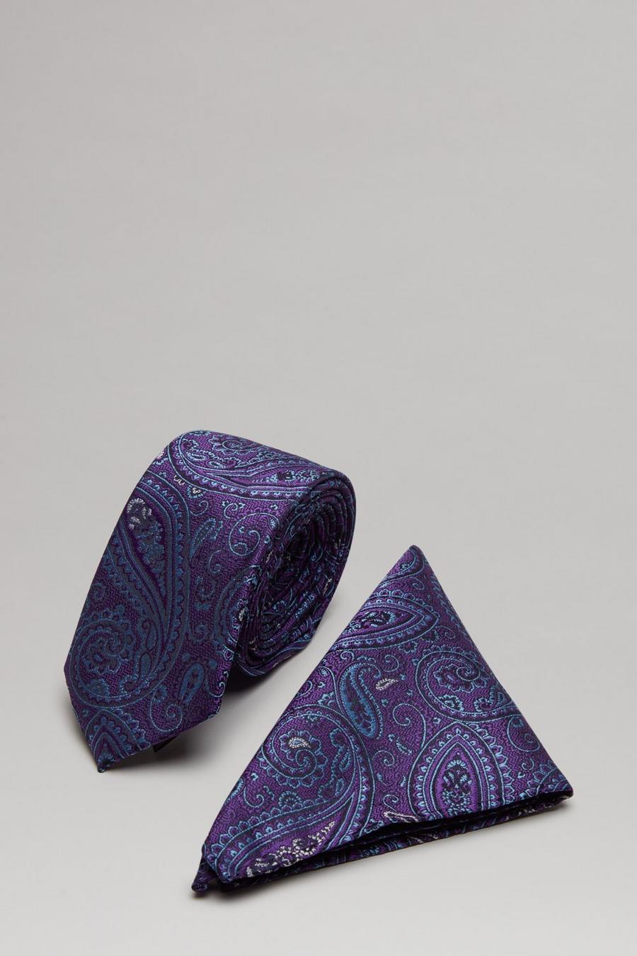 Purple and Blue Paisley Tie And Pocket Square Set