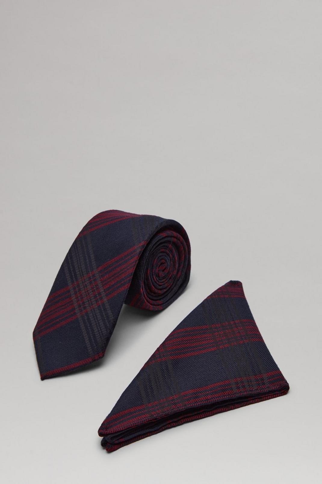 148 Navy And Burgundy Check Tie And Pocket Square Set image number 1