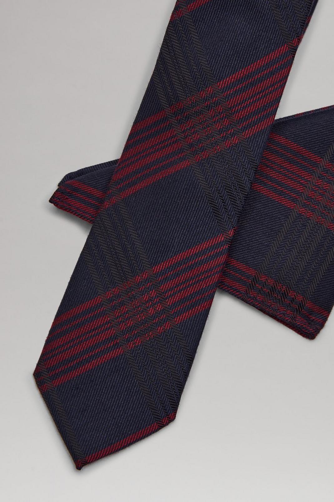 148 Navy And Burgundy Check Tie And Pocket Square Set image number 2