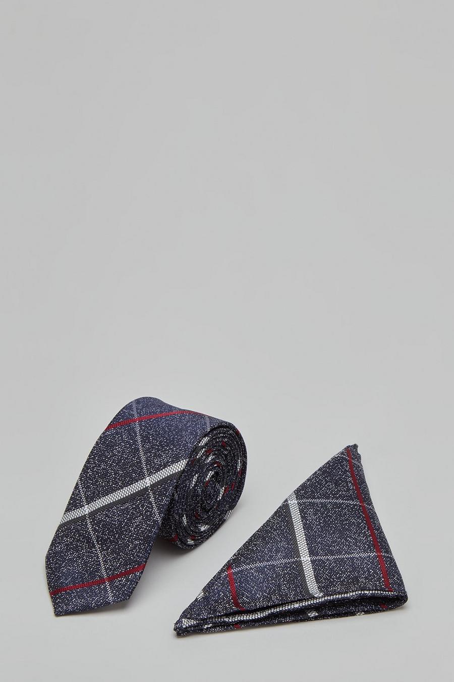 Navy And White Bold Check Tie And Pocket Square Set
