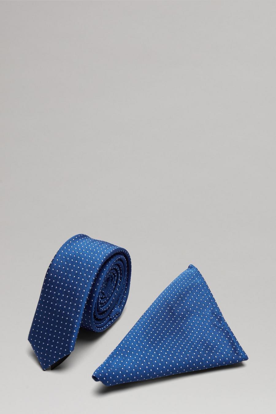 Bright Blue Mini Spot Skinny Tie And Pocket Square Set