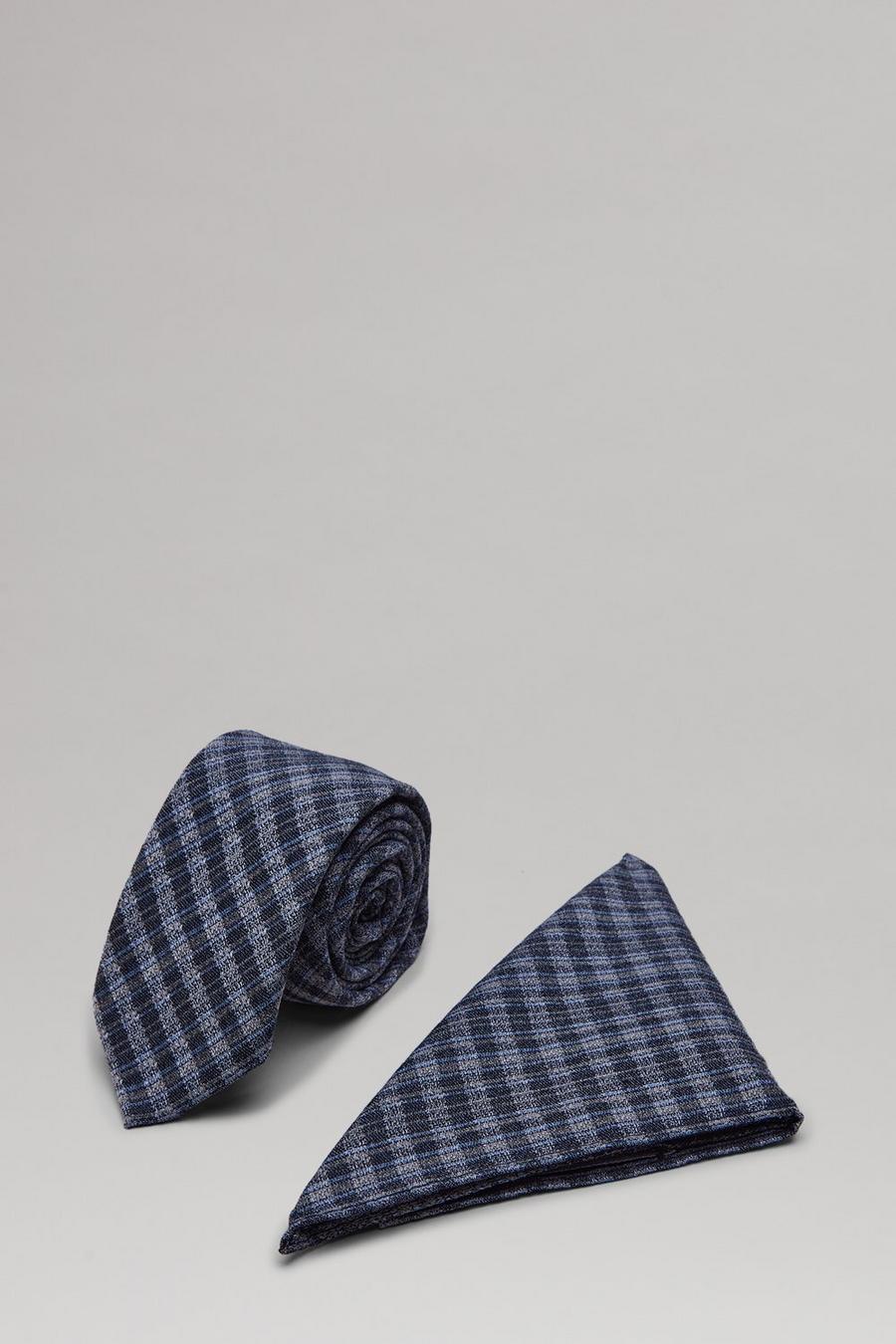 Navy All Over Check Tie And Pocket Square Set