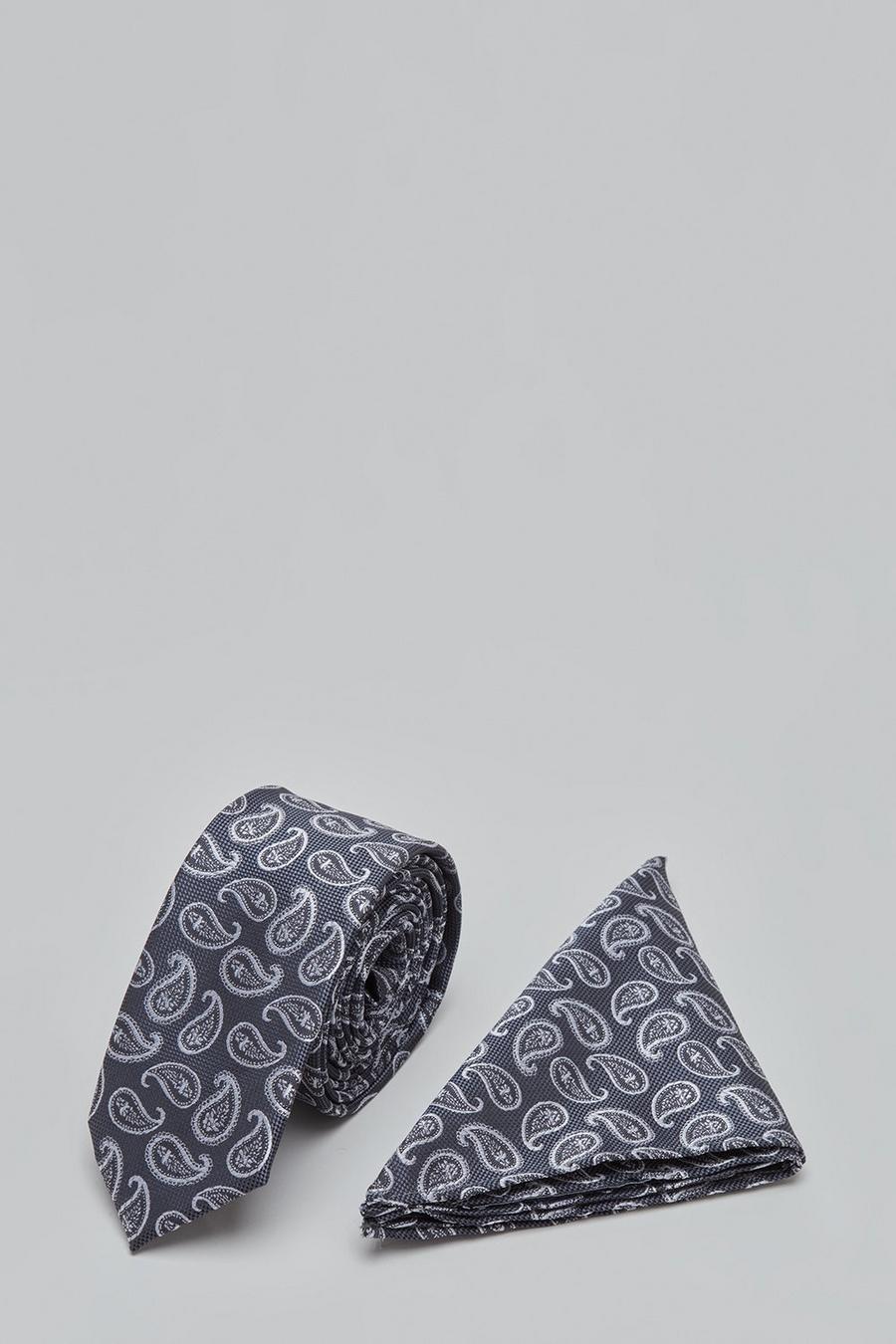 Grey Mini Paisley Tie And Pocket Square Set