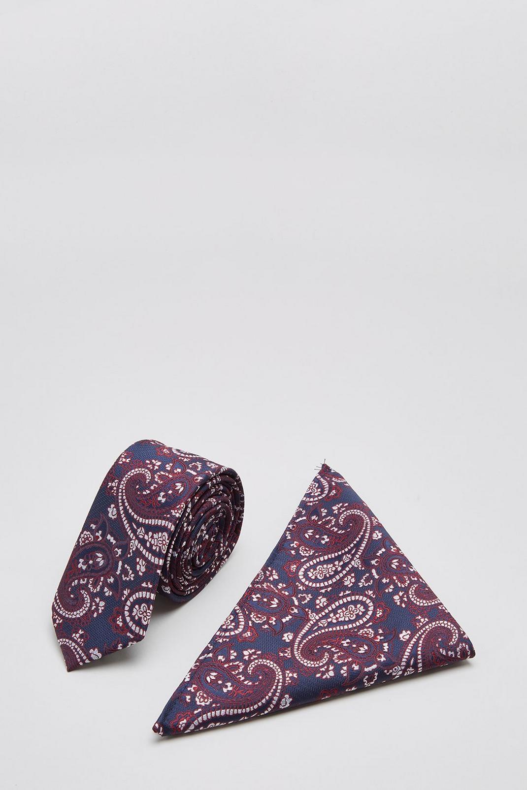 Burgundy And Navy Paisley Tie And Pocket Square Set image number 1