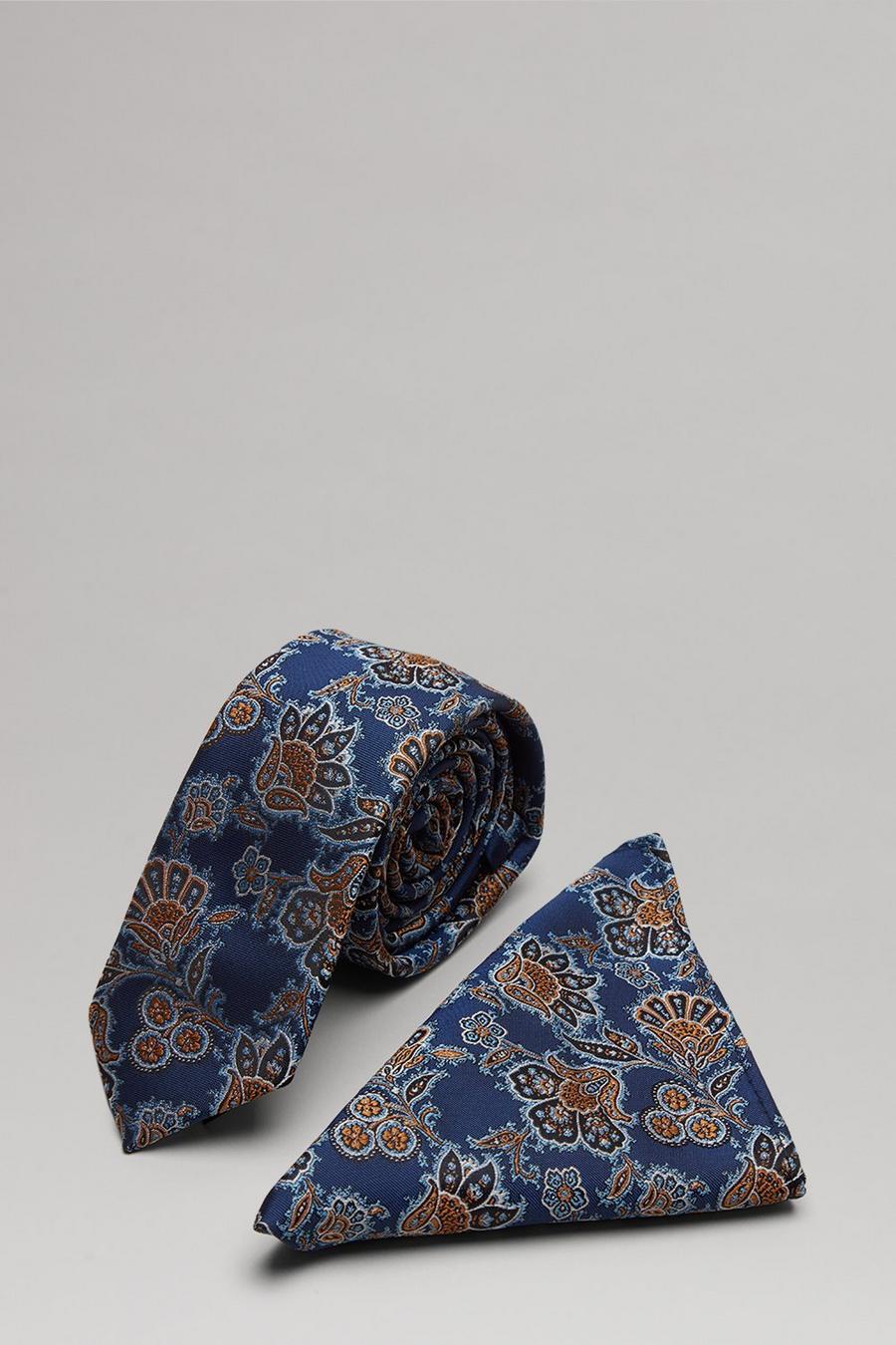 Navy And Rust Paisley Tie And Pocket Square Set