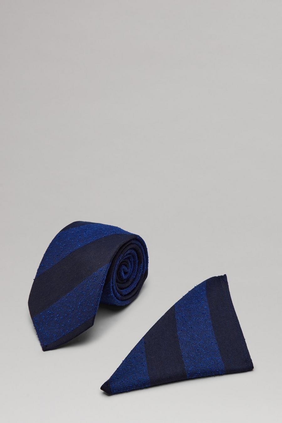 Blue Stripe Tie And Pocket Square Set