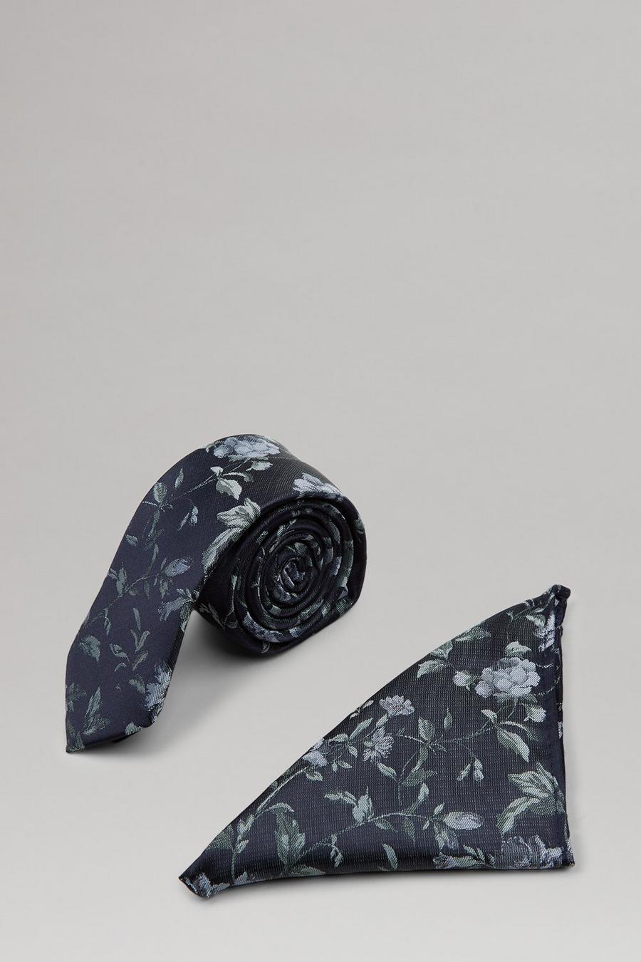Navy And Blue Floral Tie And Pocket Square Set