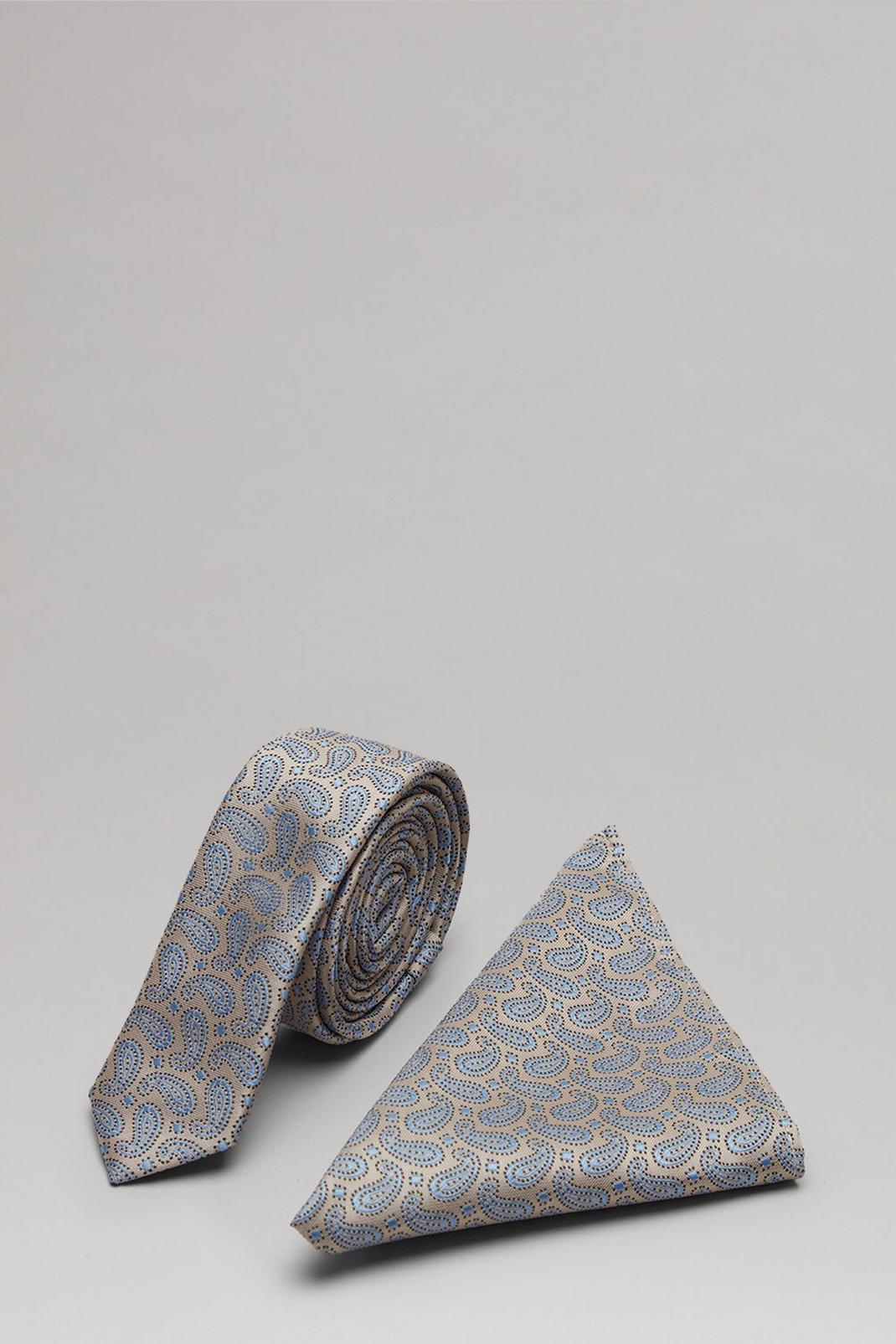 Grey Spaced Out Paisley Skinny Tie And Pocket Square Set image number 1