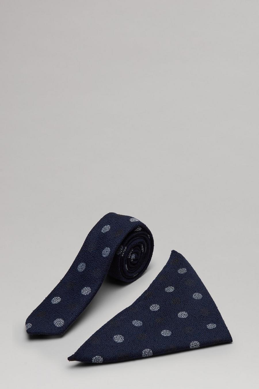 Navy And White Large Spot Tie And Pocket Square Set