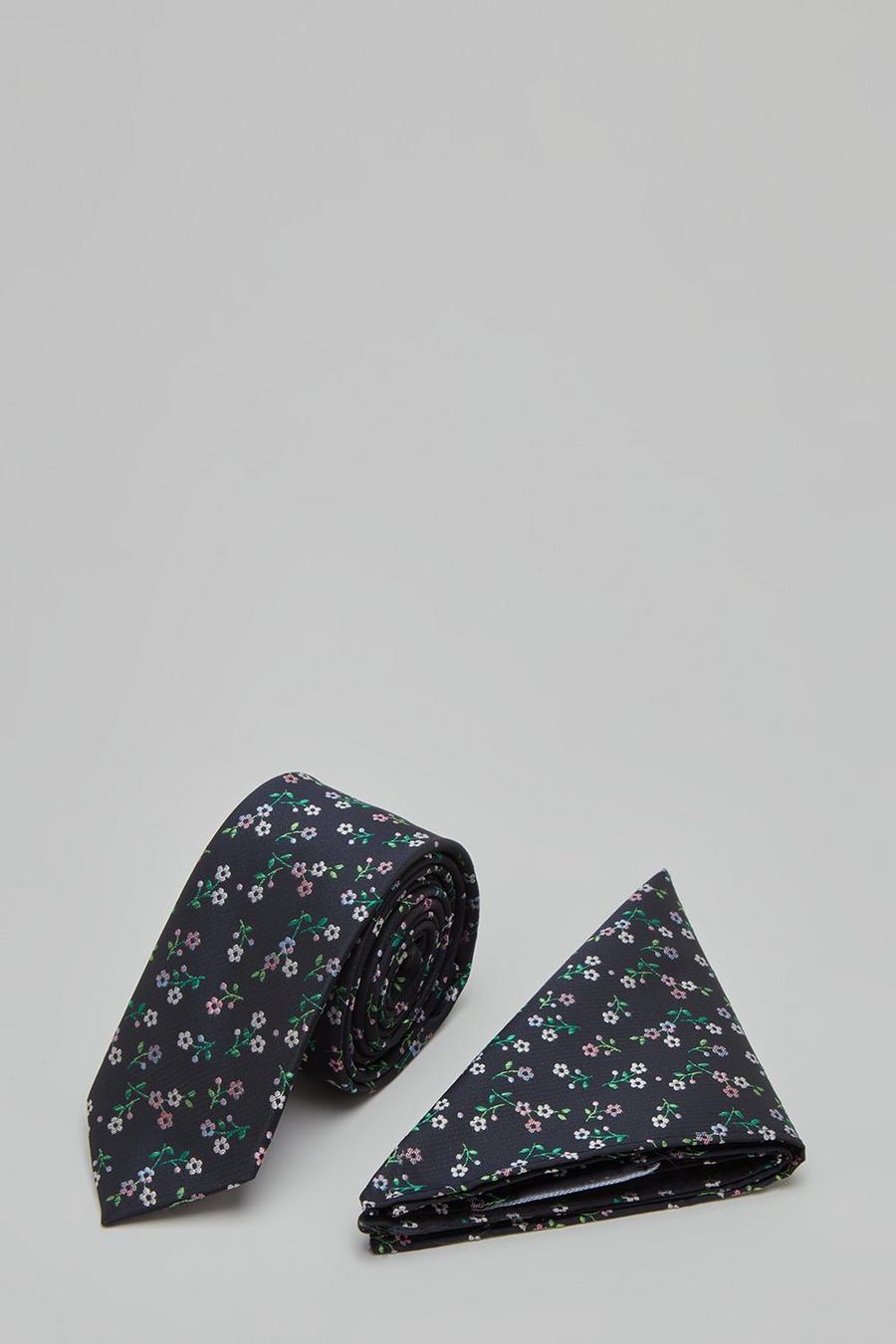 Dark Based Ditsy Floral Tie And Pocket Square Set