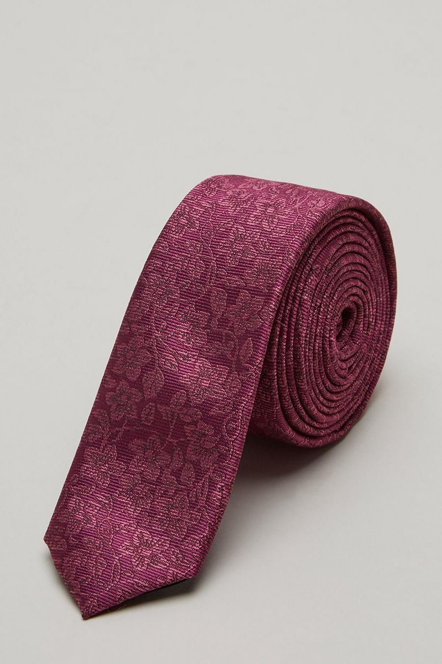 Burgundy Floral Skinny Tie And Pocket Square Set