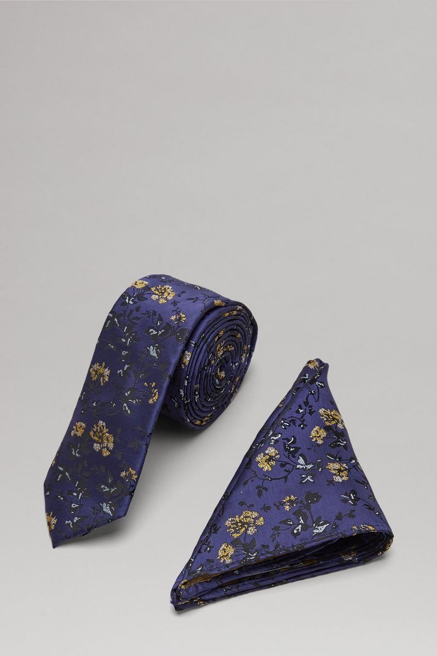 Blue And Yellow Ditsy Floral Tie And Pocket Square Set