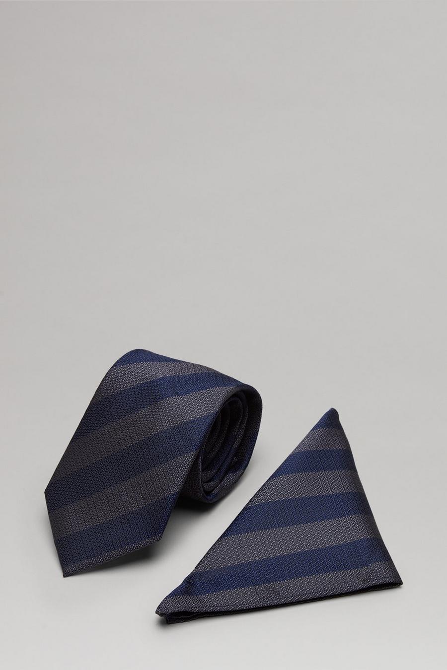 Navy And Grey Wide Stripe Tie And Pocket Square Set