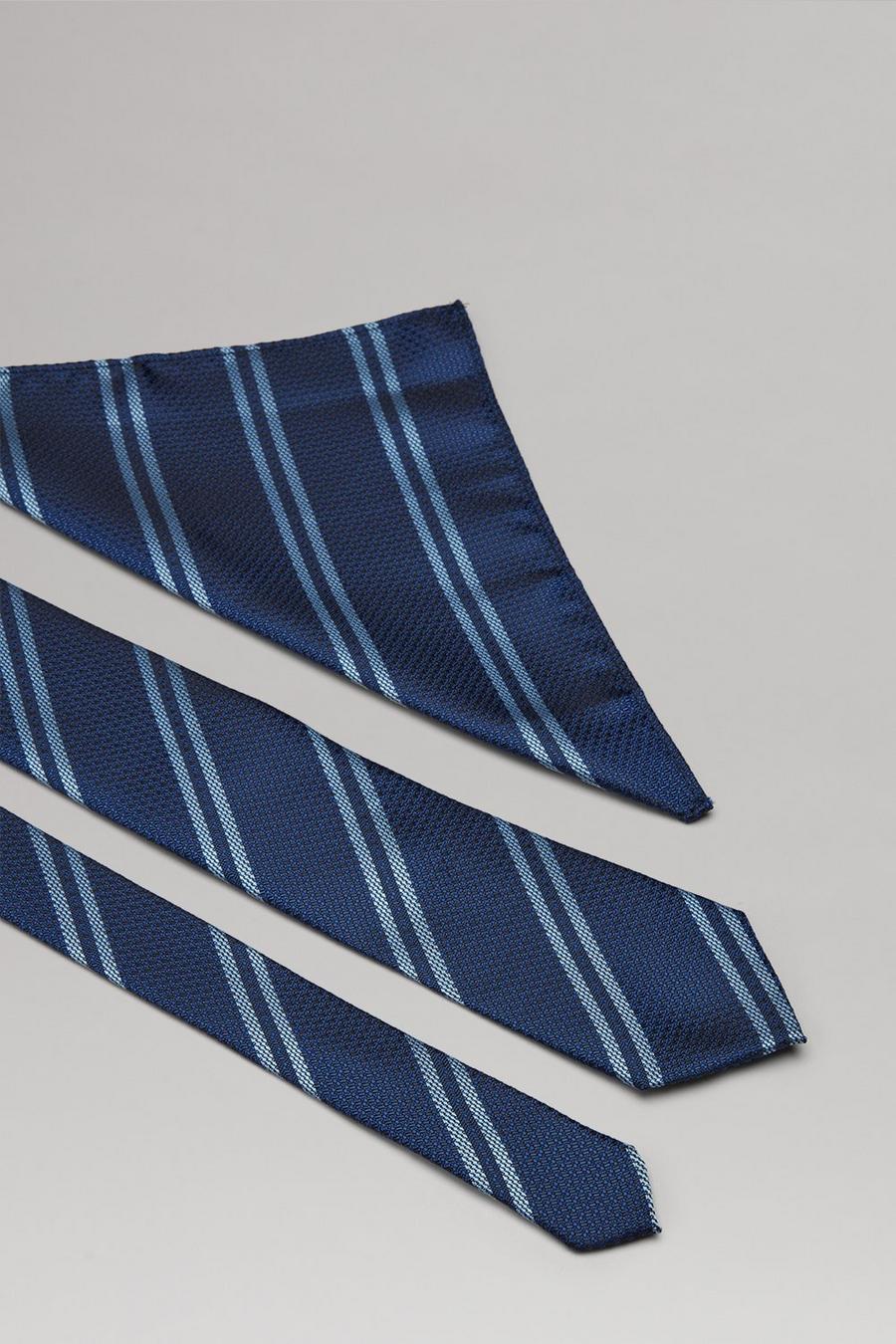 Navy Textured Wide Stripe Tie And Pocket Square Set