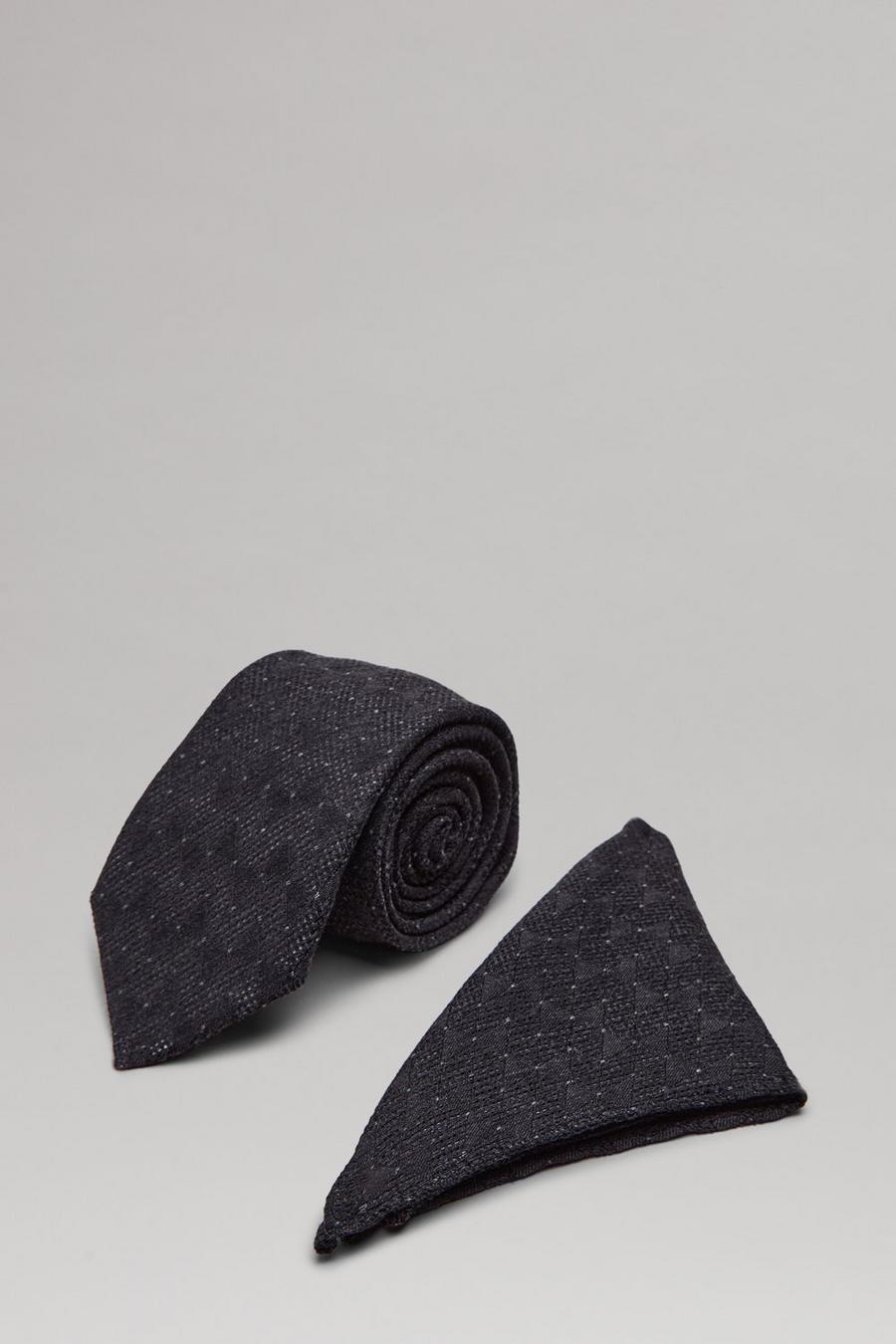 Black Patterned Wide Tie And Pocket Square Set