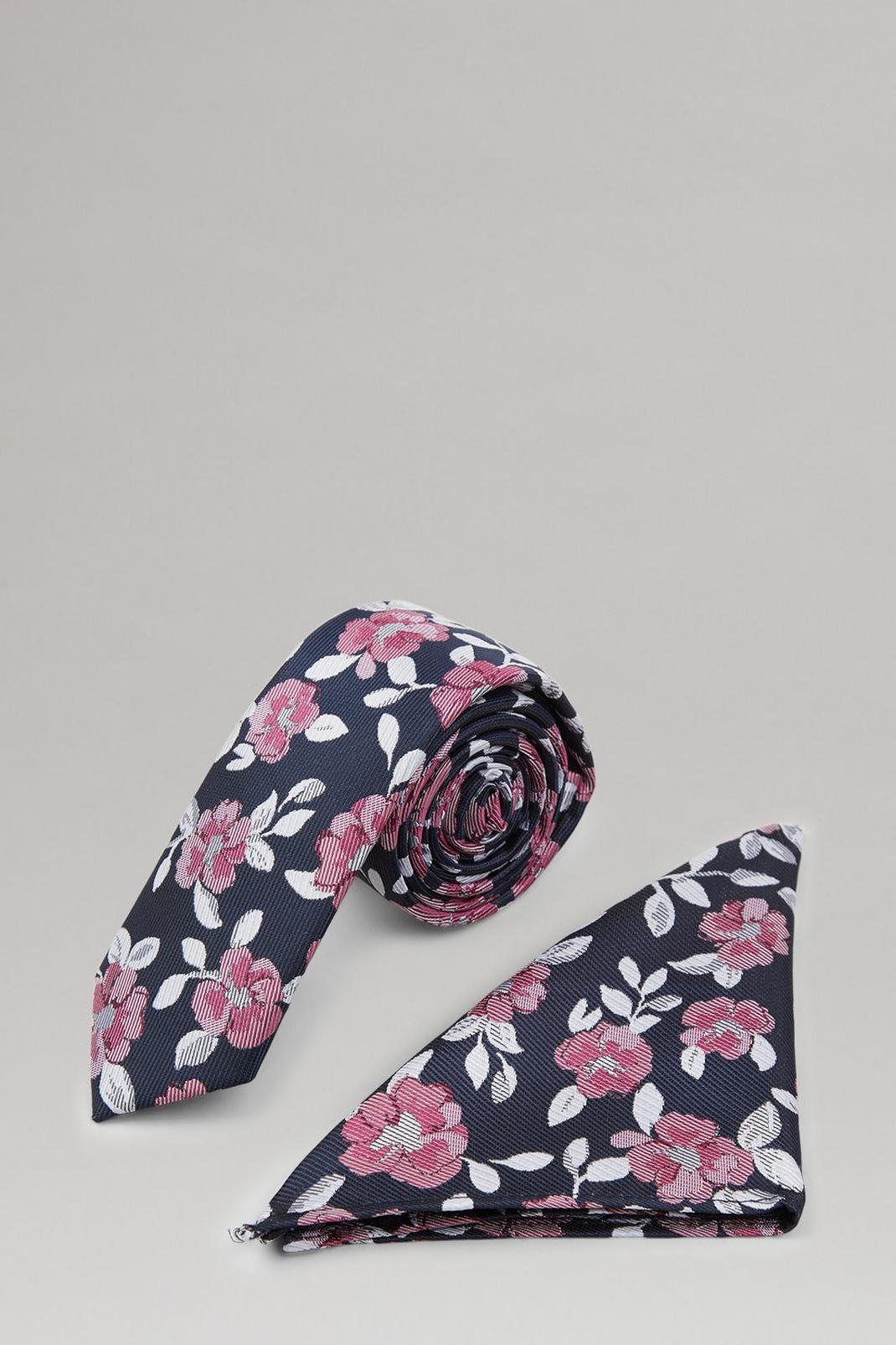 148 Navy And Pink Rose Tie And Pocket Square Set image number 1