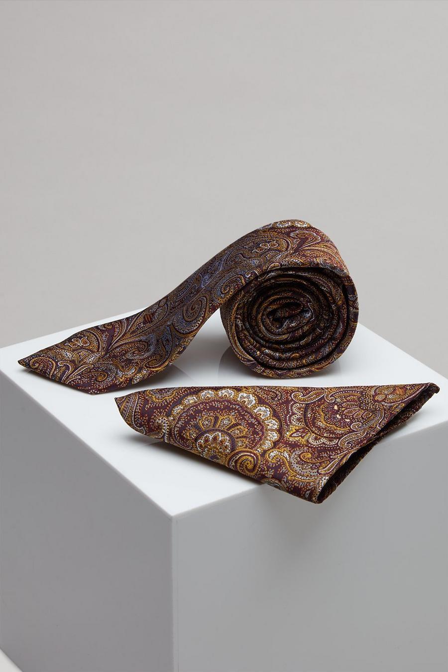 Brown Paisley Wide Tie And Pocket Square Set
