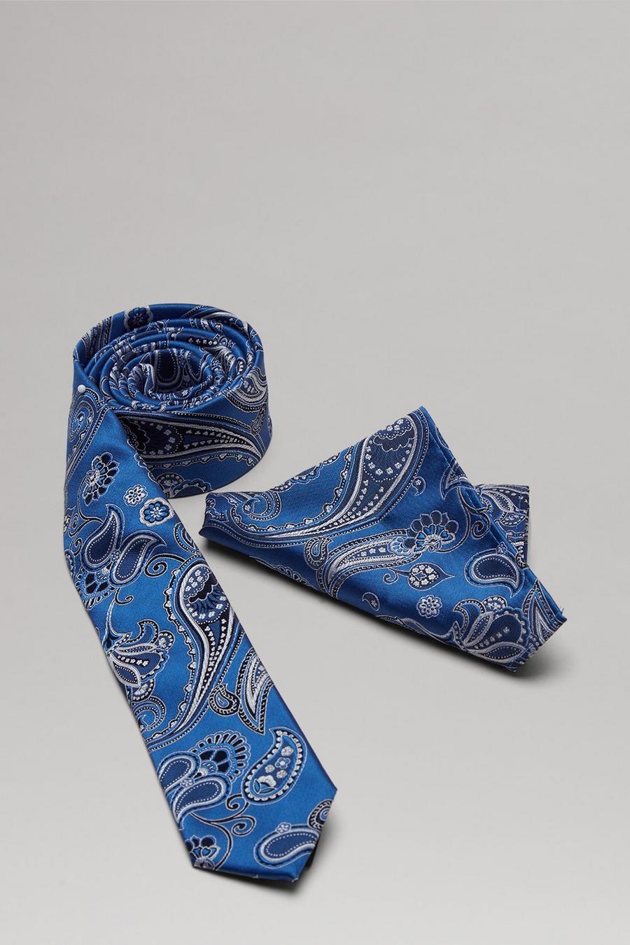 Blue And Grey Paisley Tie And Pocket Square Set