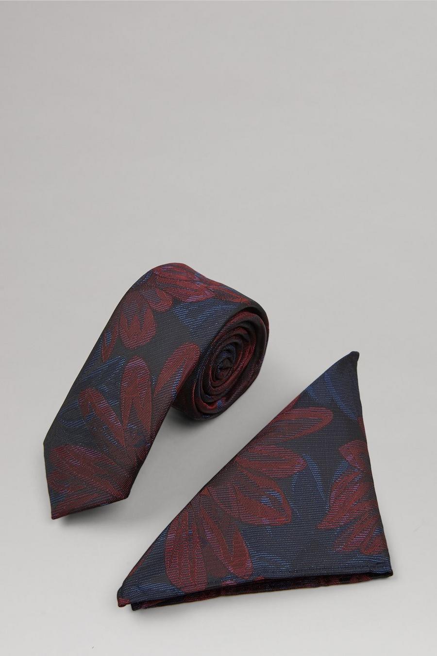 Burgundy And Blue Sunflower Tie And Pocket Square Set