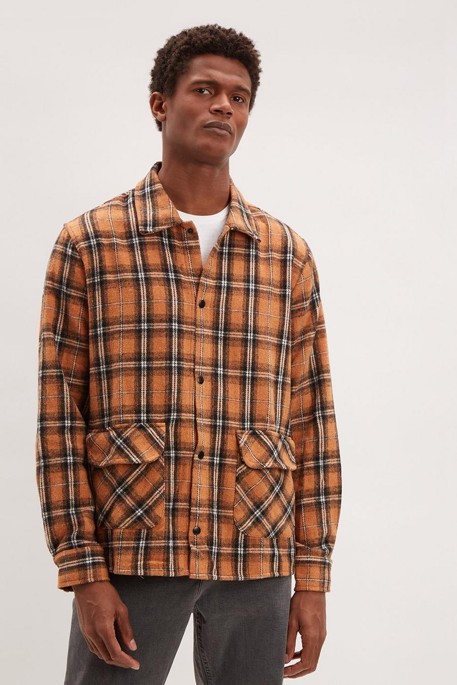 Relaxed Fit Tan Multi Pocket Check Shirt