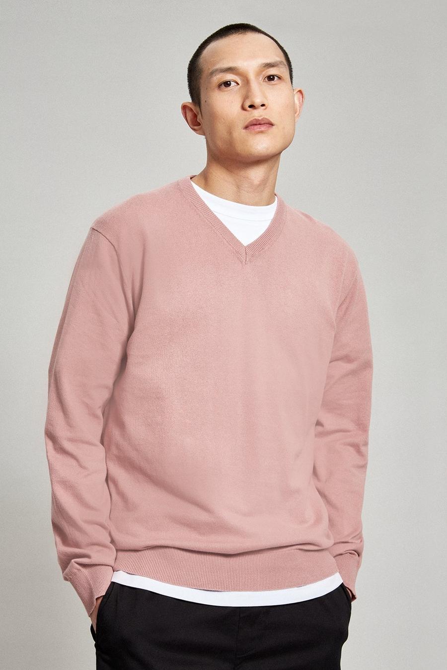 Relaxed Fit Pink Knitted V-Neck Jumper