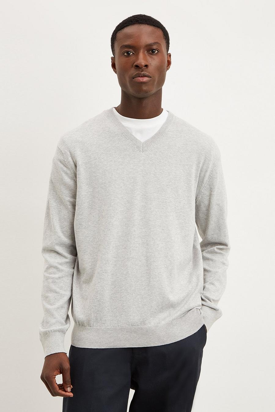 Relaxed Fit Light Grey Knitted V Neck Jumper