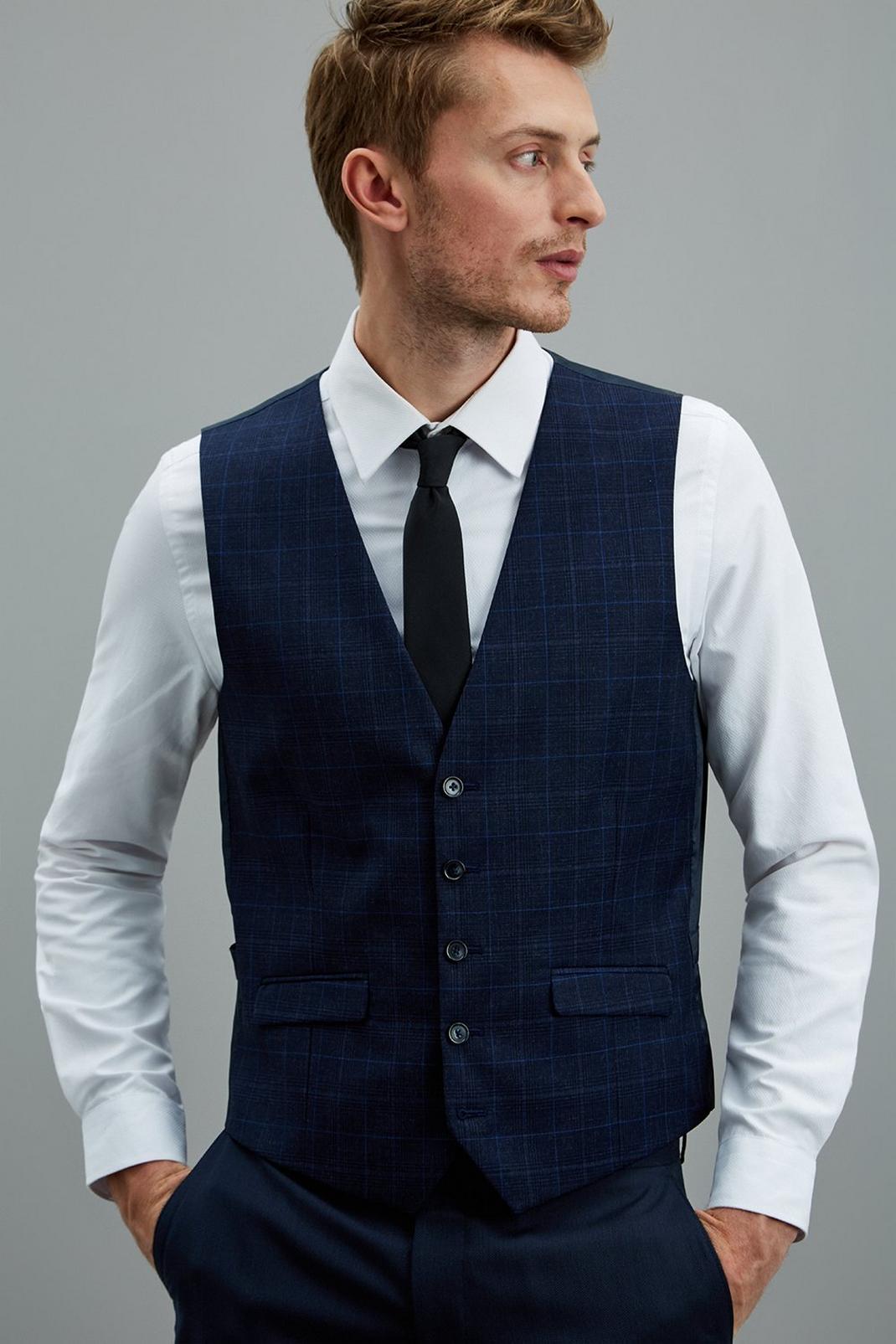 106 Slim Blue Scratchy Check Suit Waistcoat image number 1