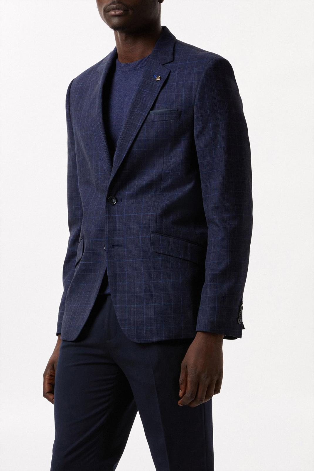106 Slim Blue Scratchy Check Suit Jacket image number 1