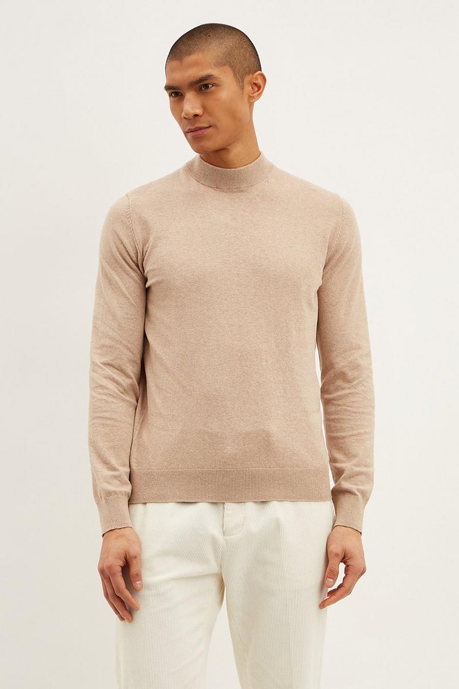 Regular Fit Stone Long Sleeve Knitted Turtle Neck Jumper