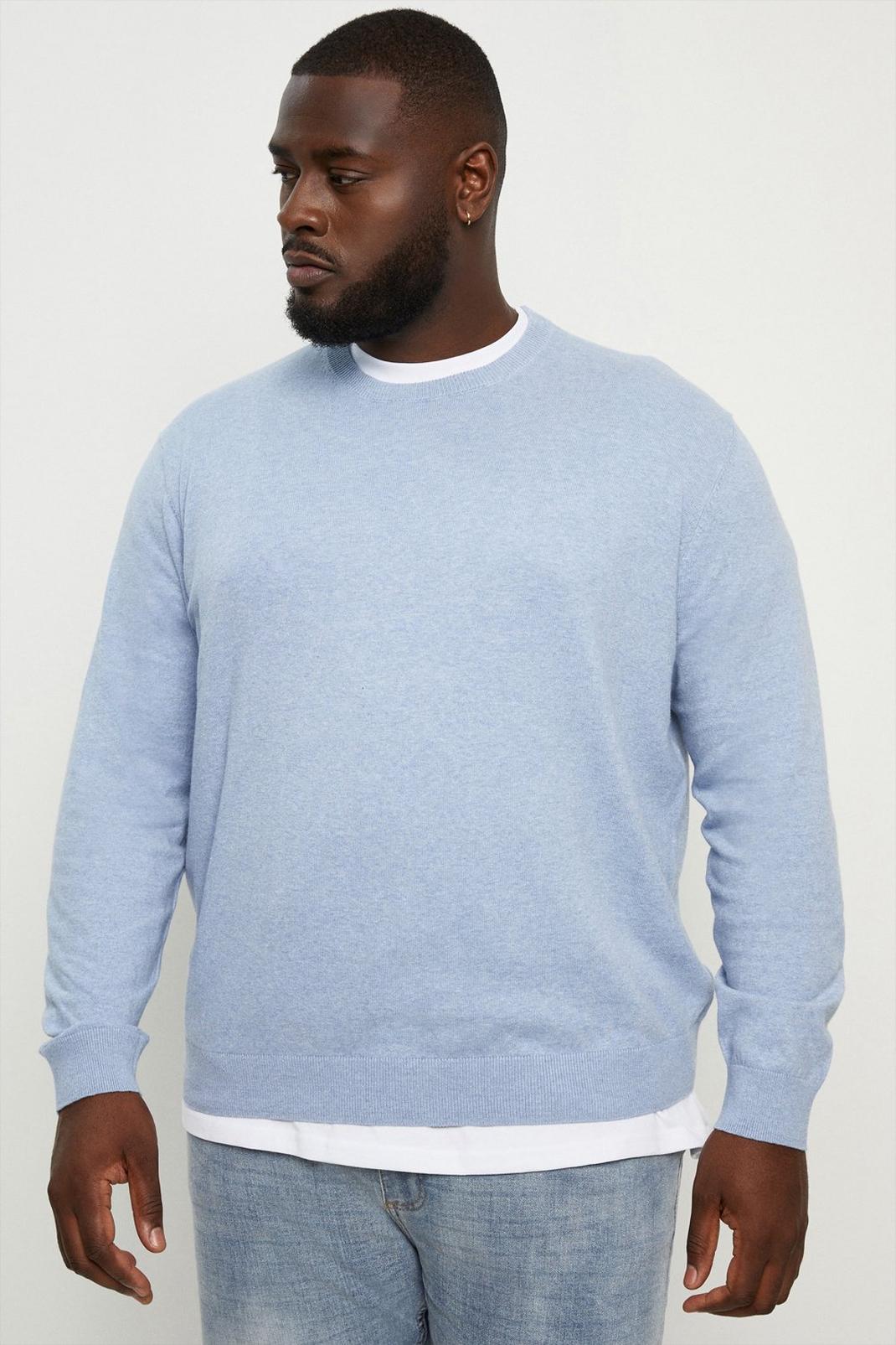 Light blue Plus And Tall Blue Knit Crew Neck Jumper image number 1