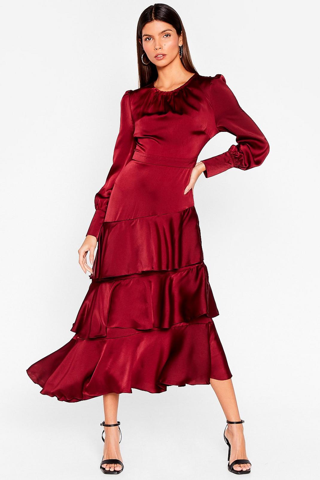 Satin Long Sleeve Tiered Maxi Dress image number 1