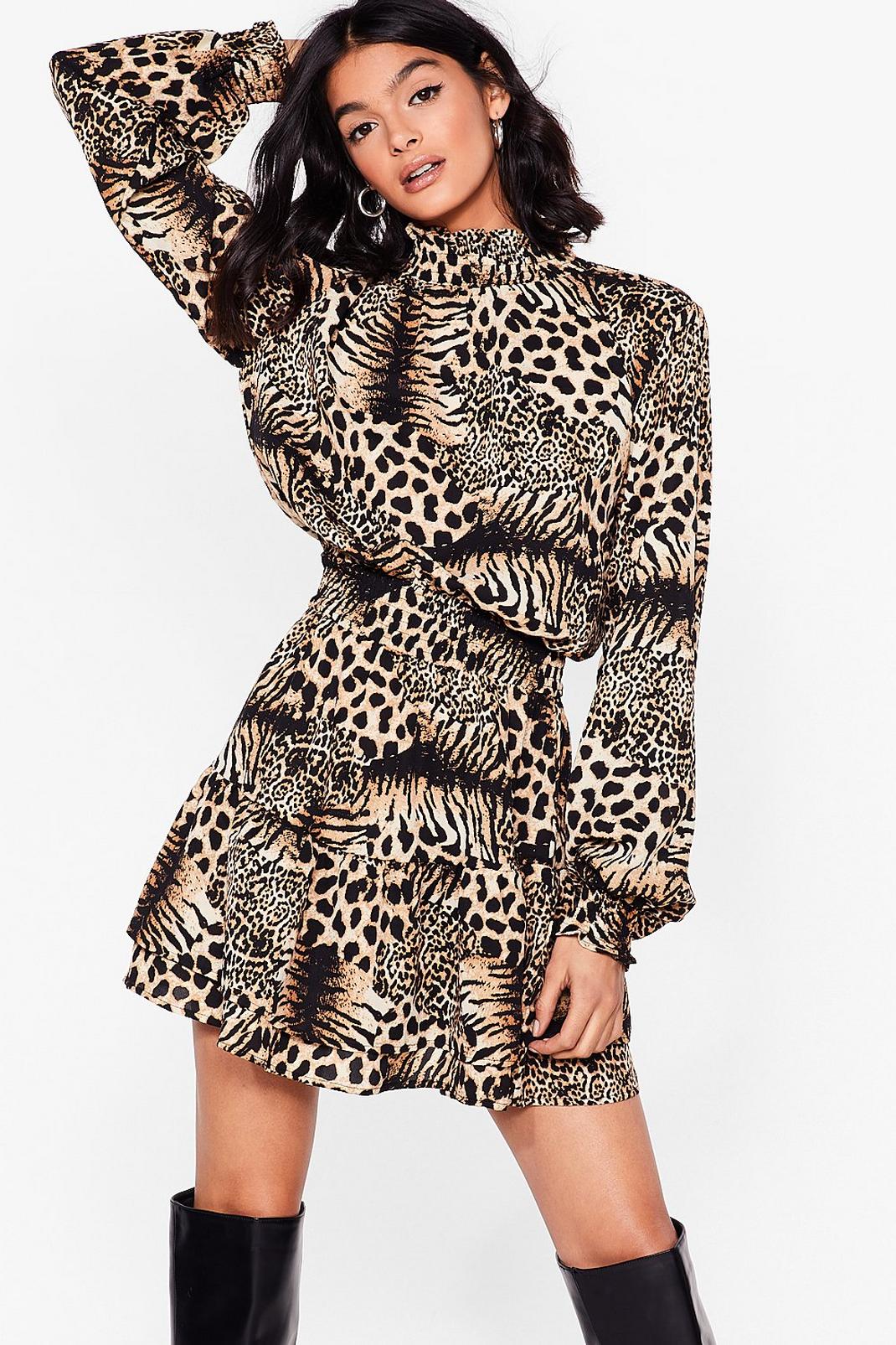 Brown Leopard High Neck Shirred Mini Dress image number 1