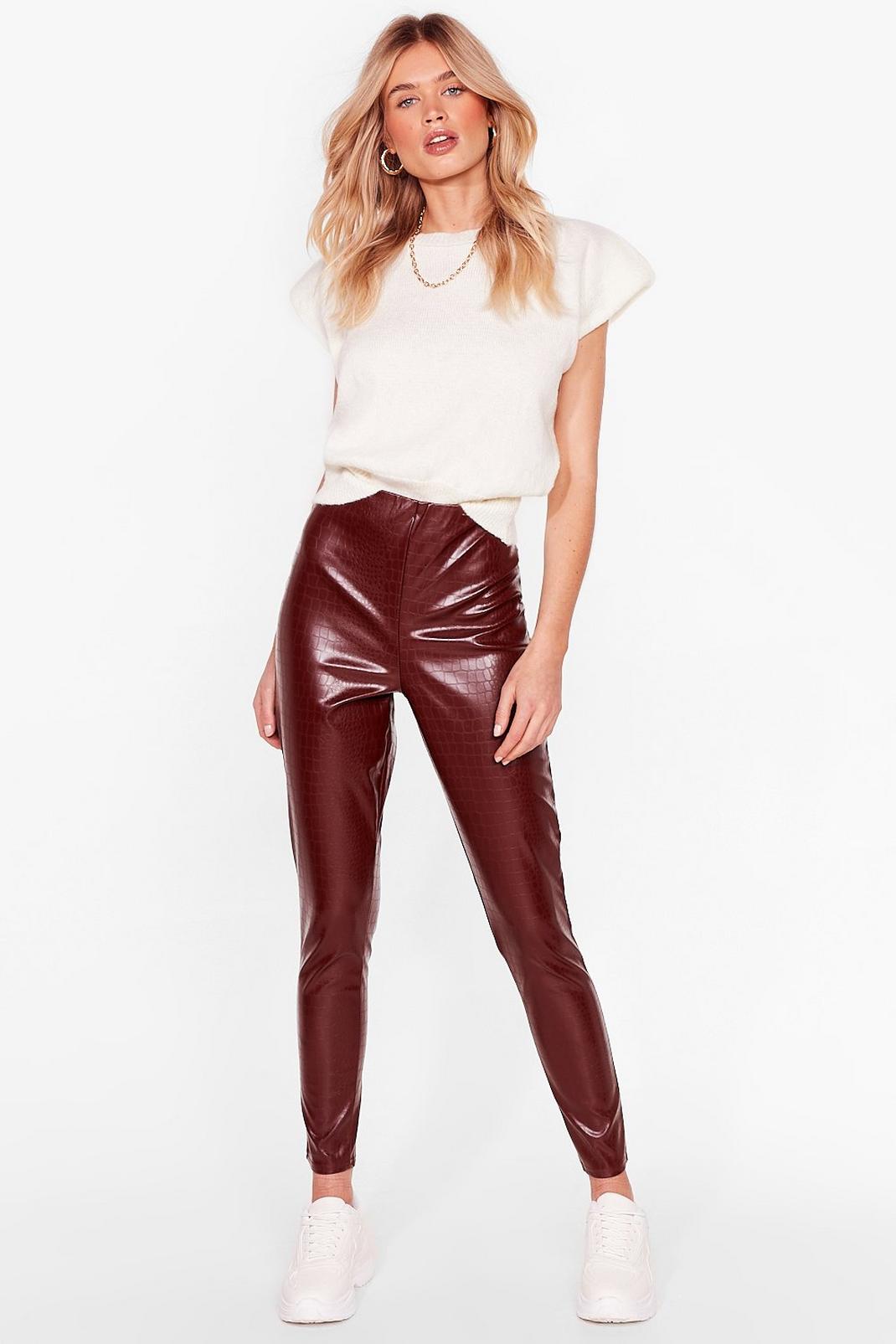 Chocolate Croc Faux Leather Leggings image number 1