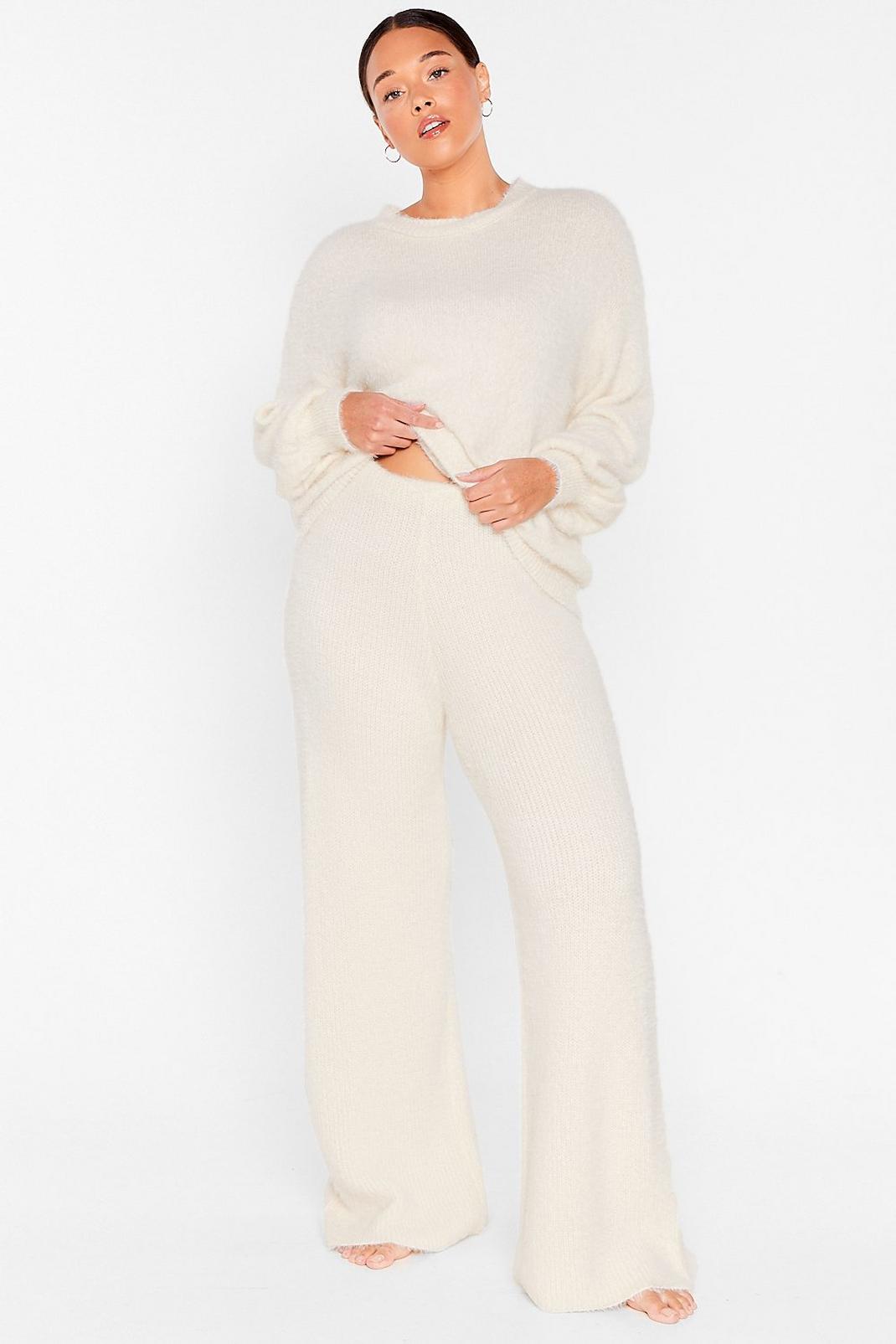 Cream Plus Size Fluffy Knit Loungewear Set image number 1