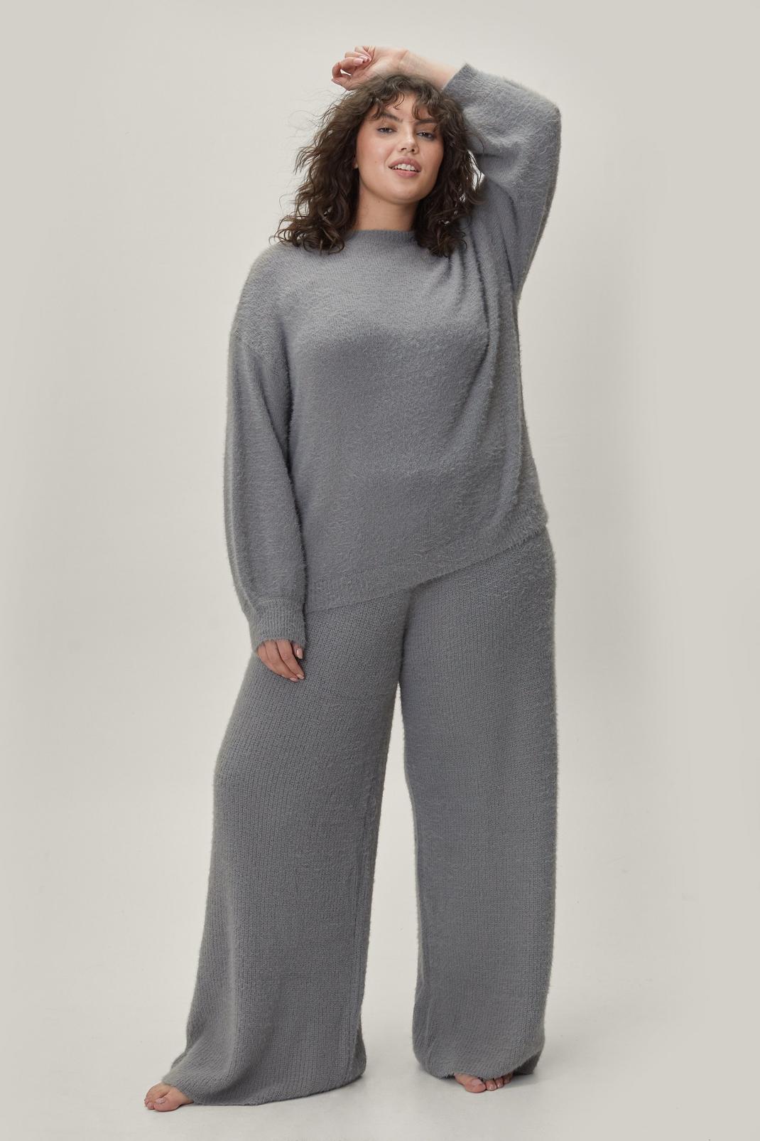 Grey Plus Size Fluffy Knit Loungewear Set image number 1