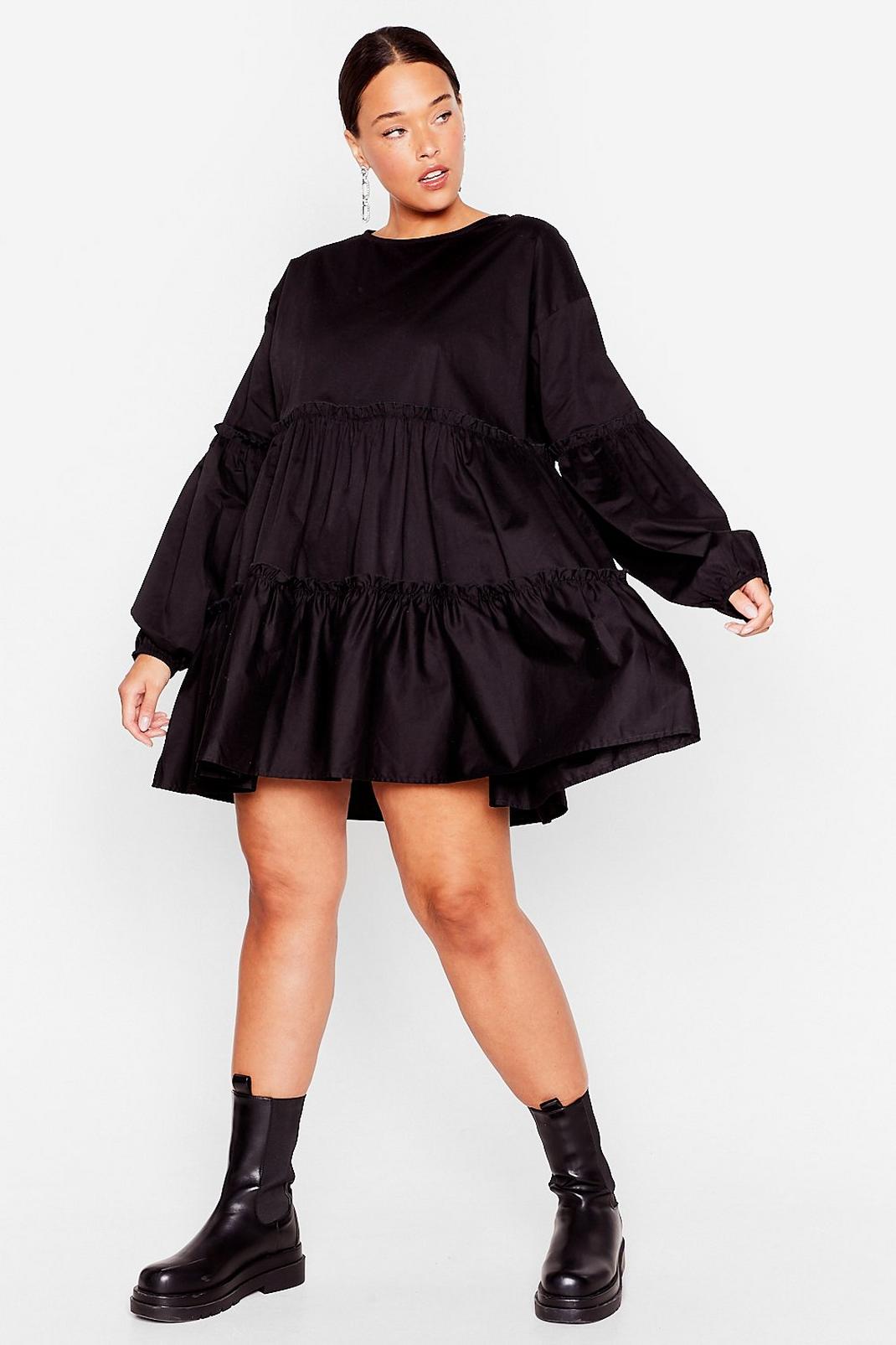 Black Plus Size Loose Tiered Mini Smock Dress image number 1