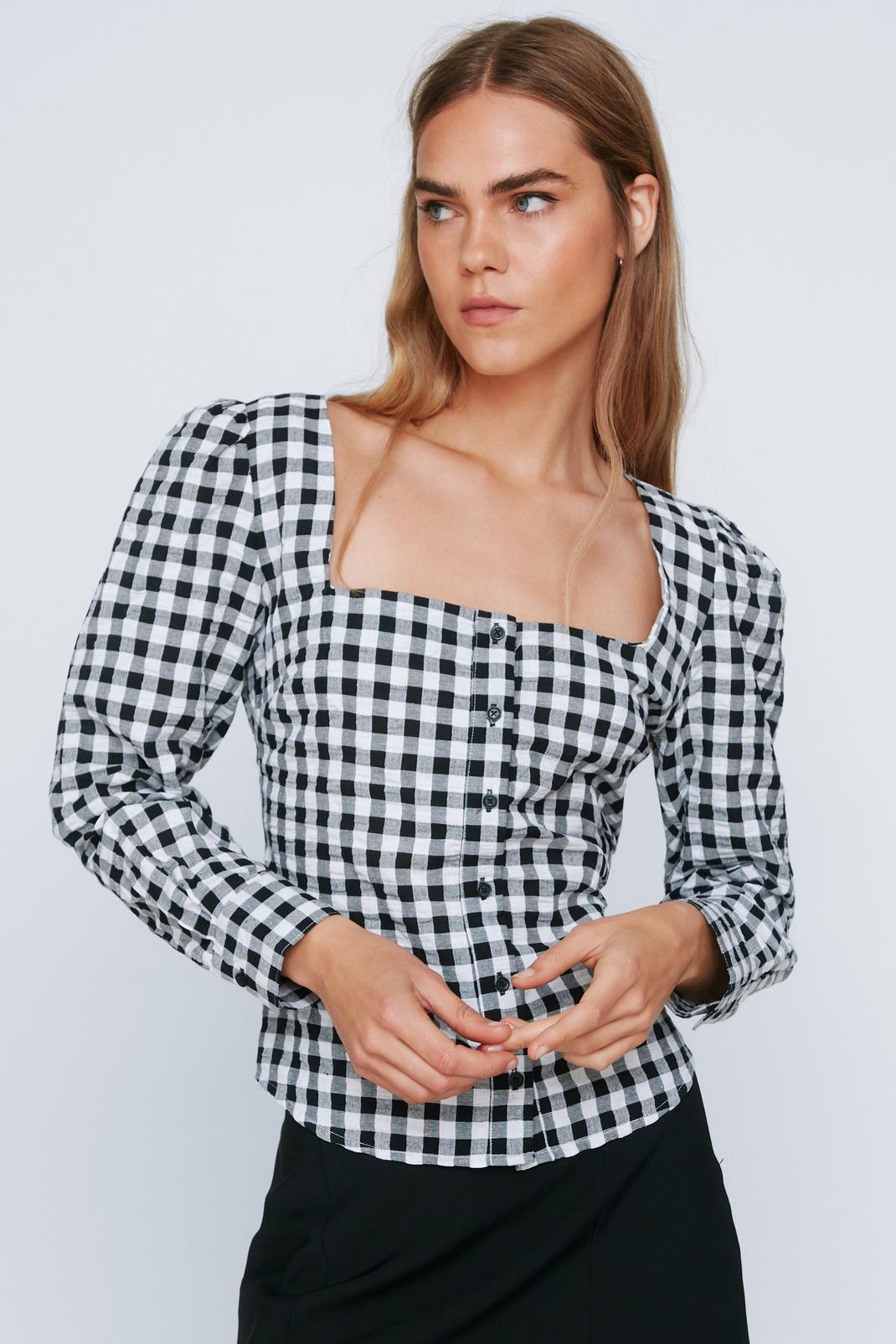 Black Get On Top Gingham Puff Sleeve Blouse image number 1