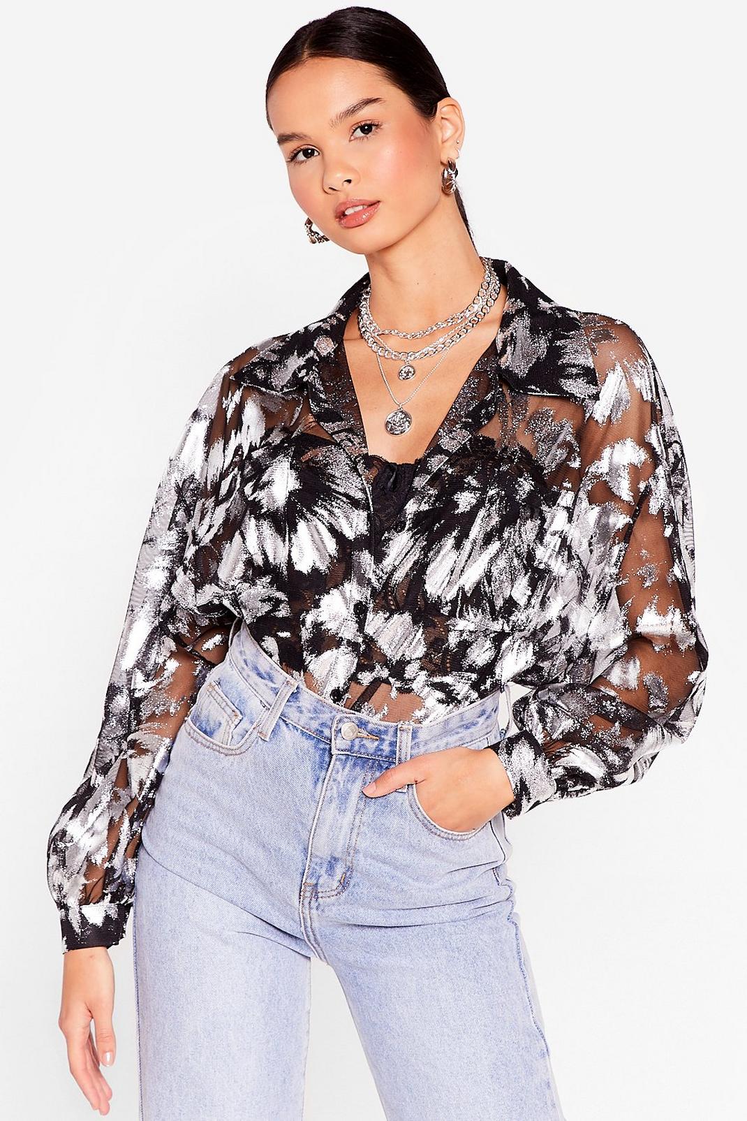 Silver We Wish You Were Sheer Metallic Abstract Blouse image number 1