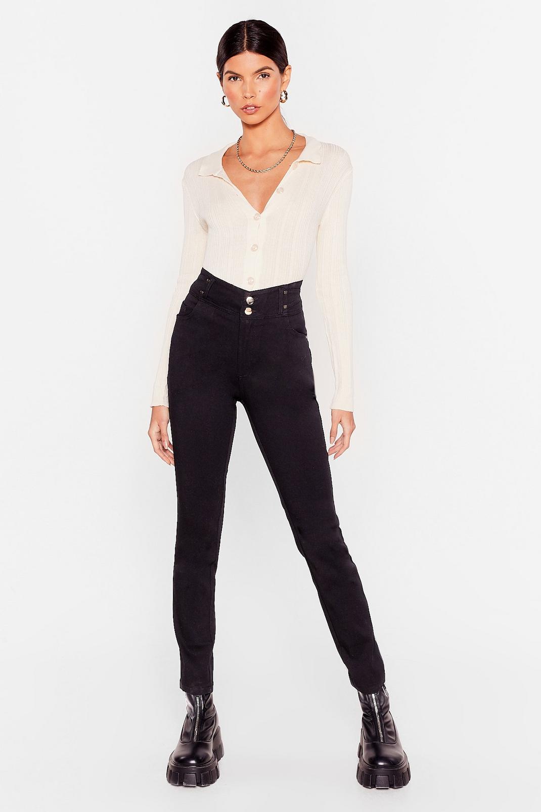 Black High Waisted Button Skinny Pants image number 1