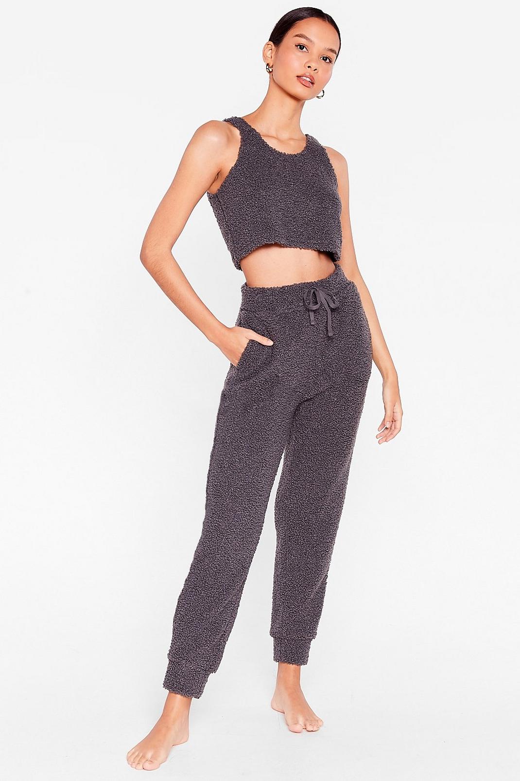 Slate grey Sherpa Crop Top and Joggers Loungewear Set image number 1