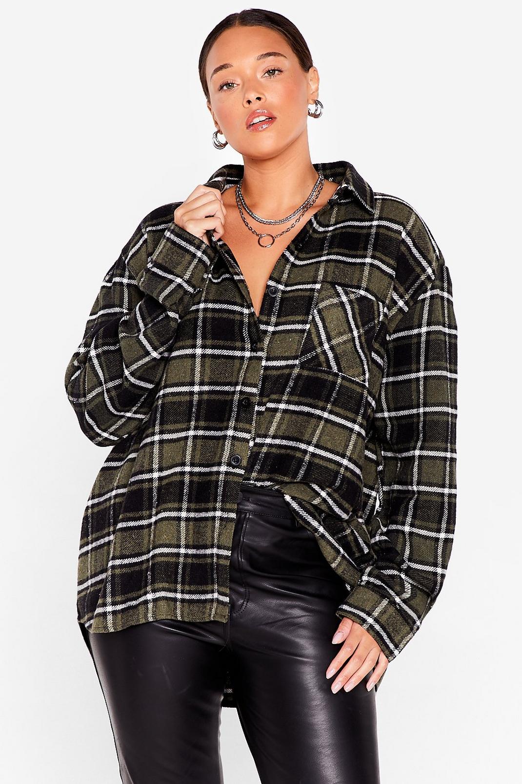 Green Plus Size Oversized Check Shirt image number 1