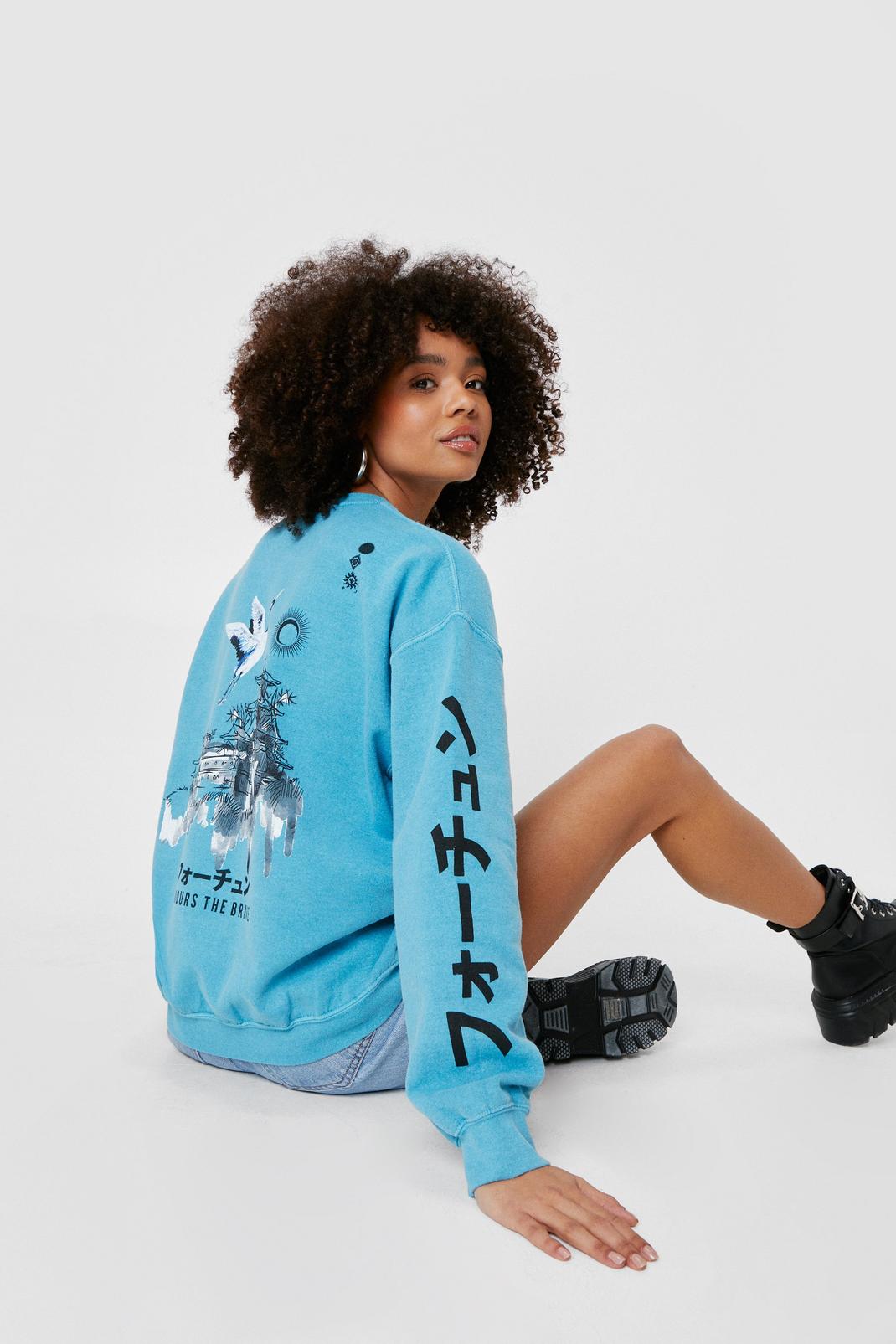 Teal Favors the Brave Oversized Graphic Sweatshirt image number 1