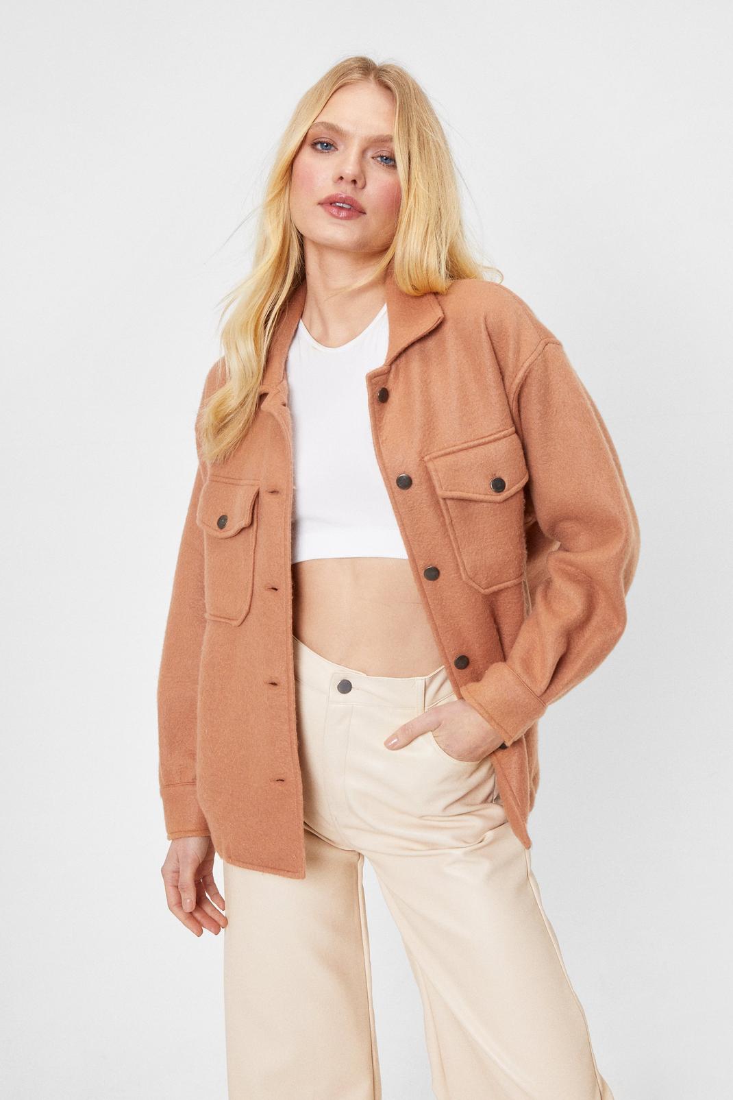 Camel Faux Wool Collared Oversized Jacket Collar image number 1