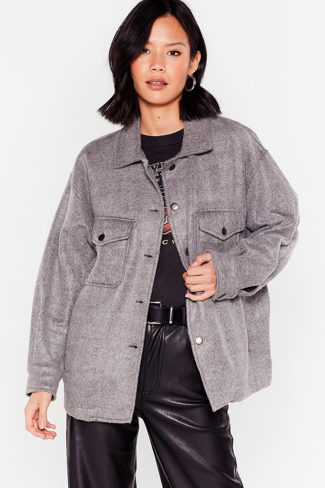 Charcoal Faux Wool Collared Oversized Jacket Collar image number 1