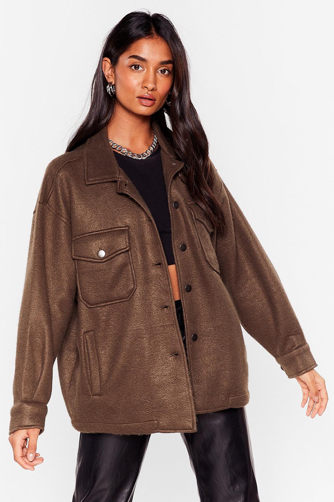 Olive Faux Wool Collared Oversized Jacket Collar image number 1