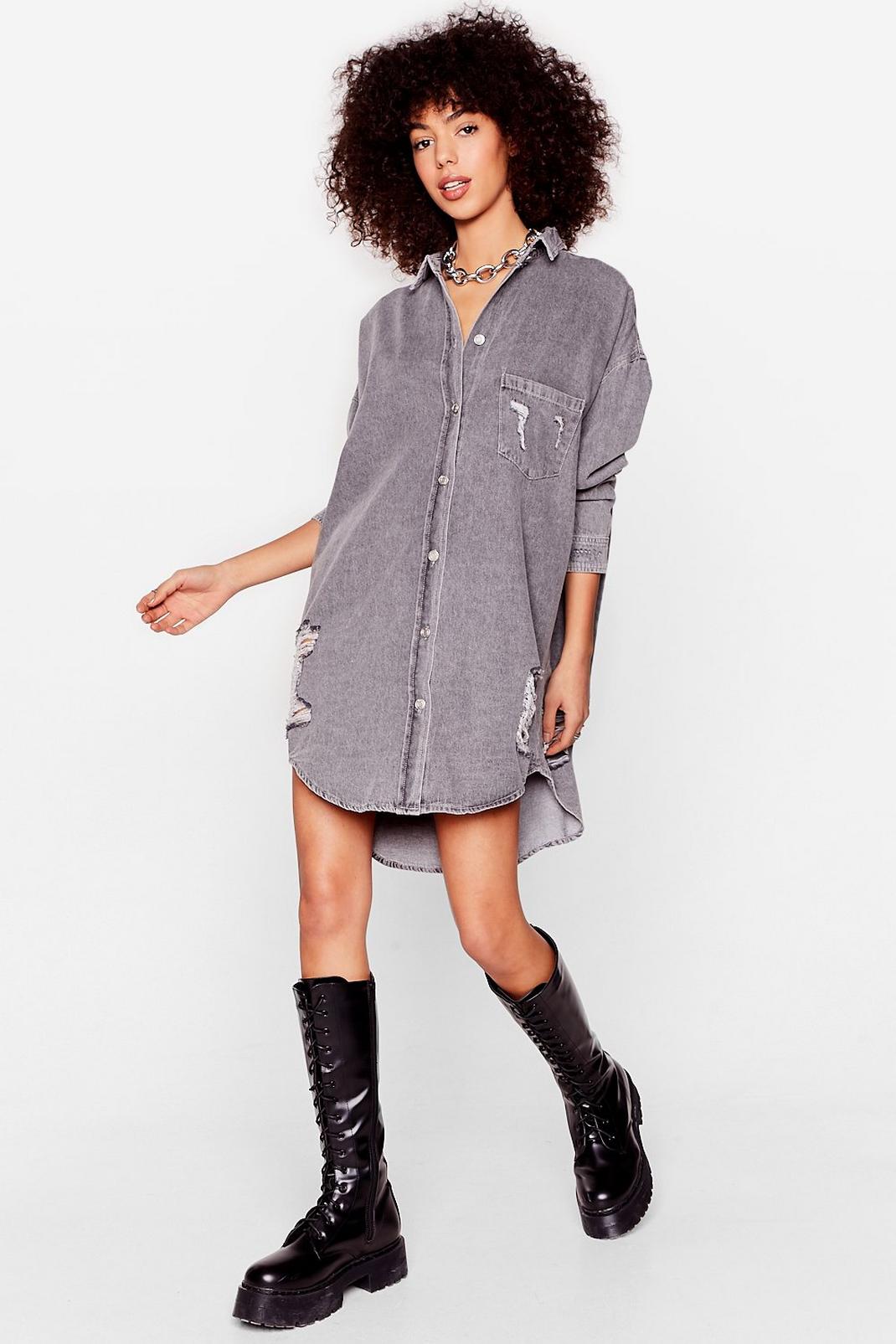 Grey When This Is Oversized Distressed Denim Shirt image number 1