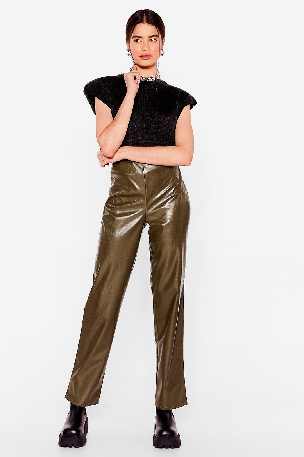 Green olive Croc Faux Leather High Waisted Pants image number 1