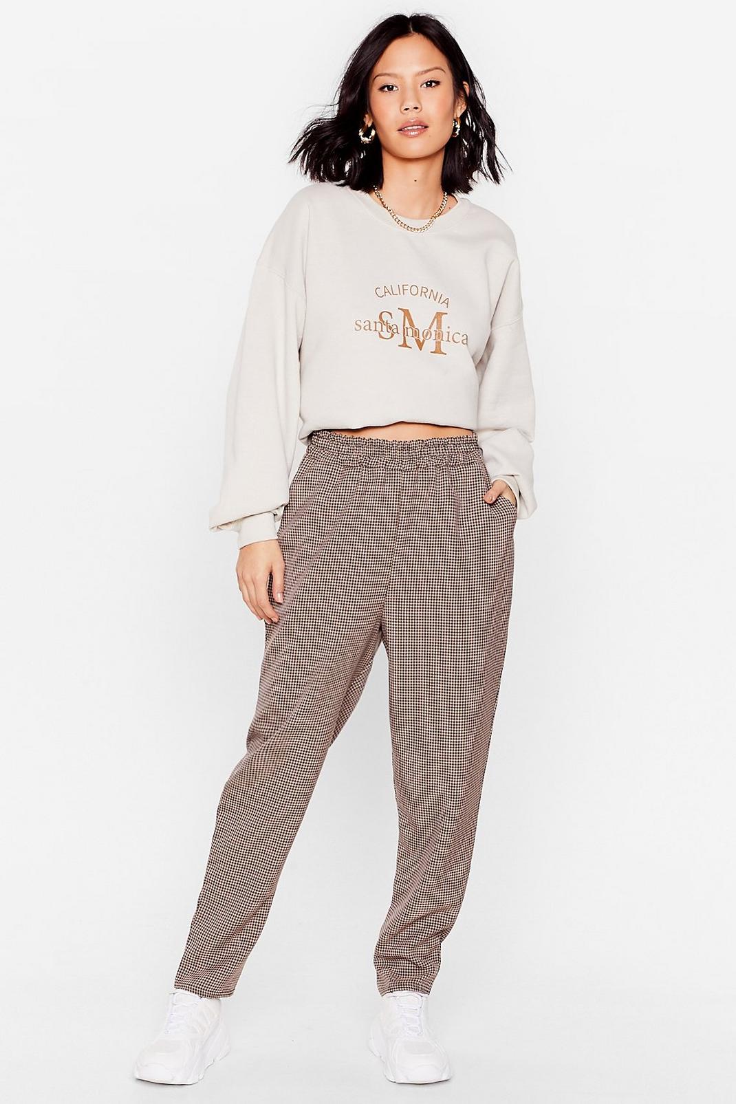 Natural beige Check High Waisted Woven Sweatpants image number 1