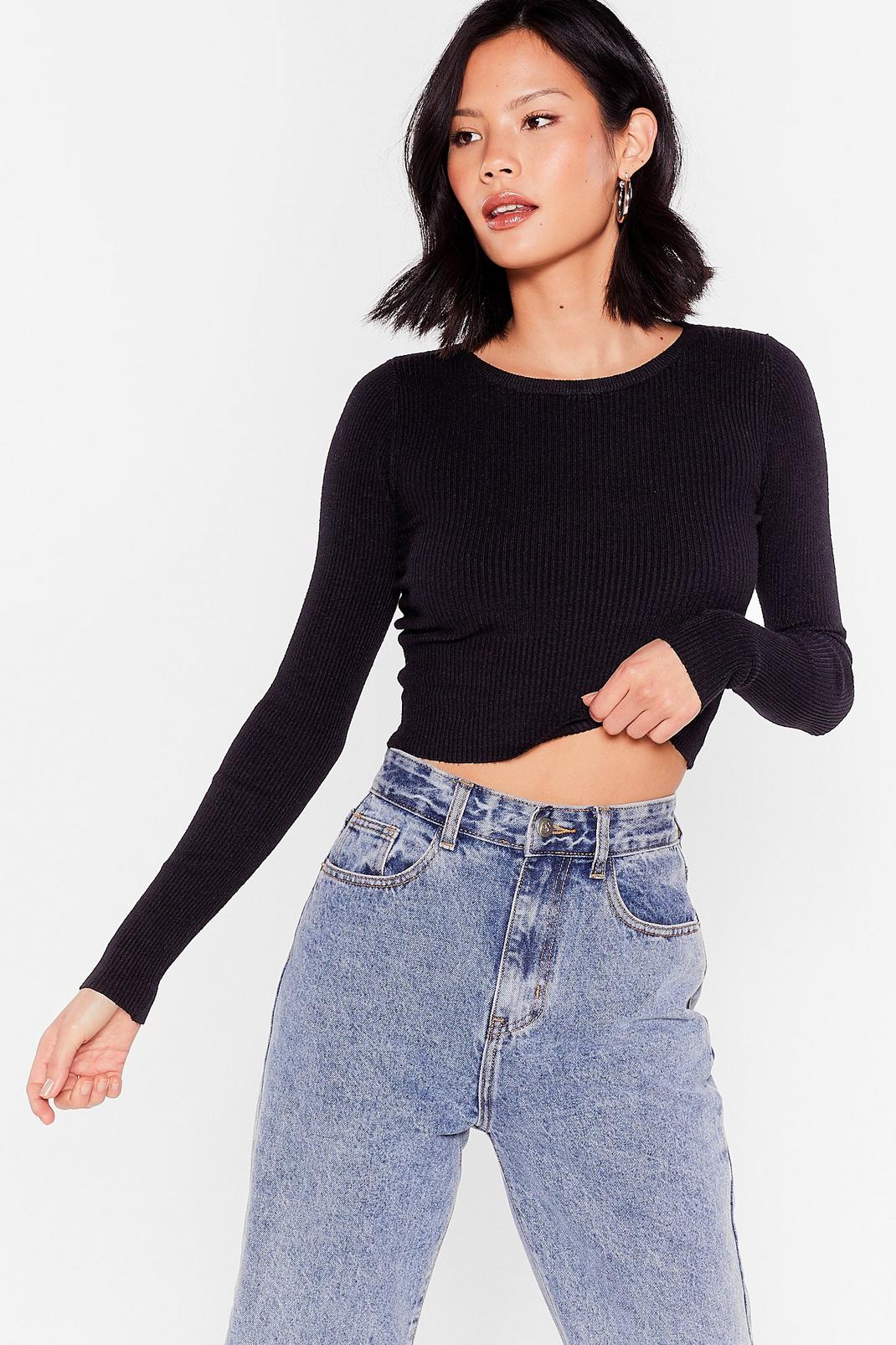 Black Cropped Ribbed Knit Crew Neck Sweater image number 1