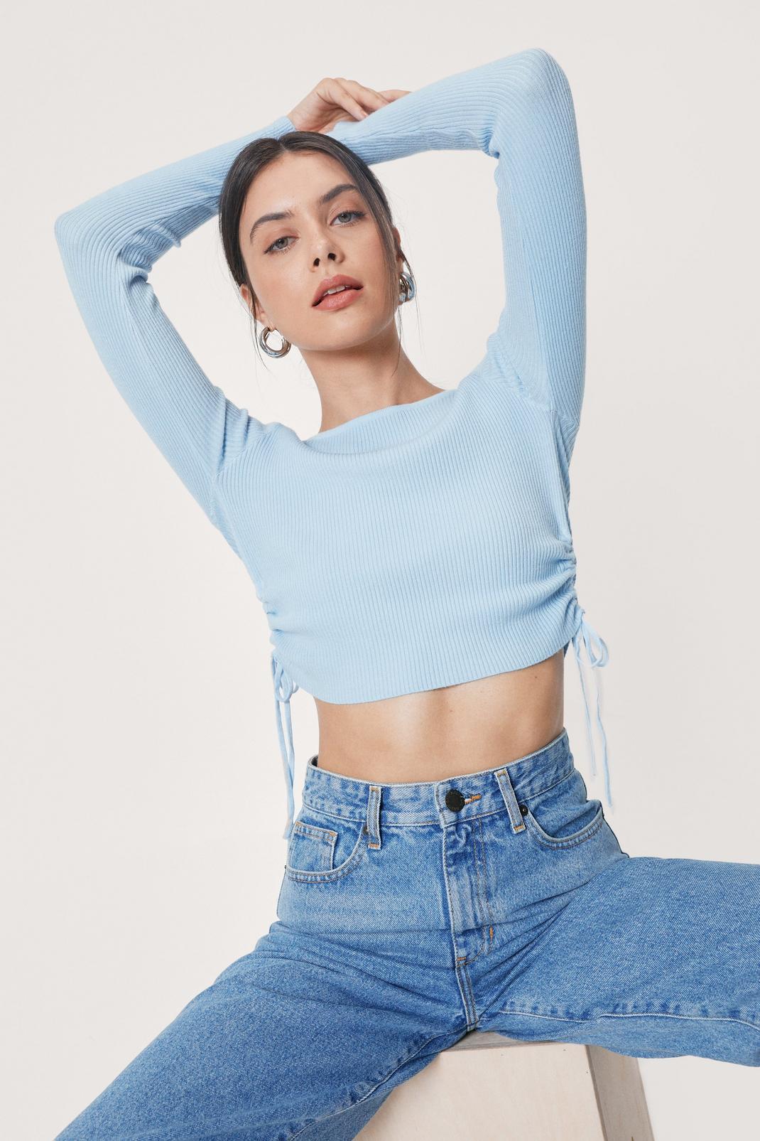 Blue Cropped Ribbed Knit Crew Neck Sweater image number 1